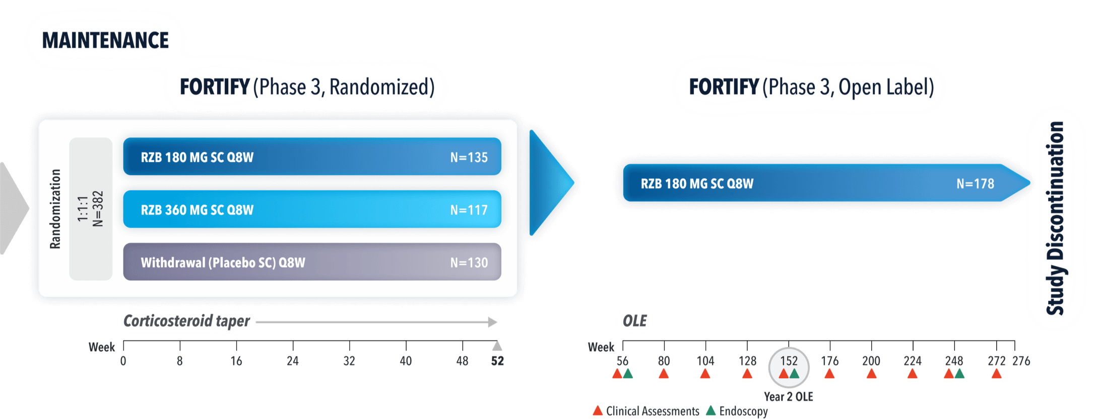 Phase 3 Fortify study design for the SKYRIZI (risankizumab) maintenance trial in Crohn's disease patients. The randomized section involved 382 patients, divided into three groups: RZB 180 mg SC Q8W (n=135), RZB 360 mg SC Q8W (n=117), and placebo (n=130). The timeline at the bottom shows corticosteroid tapering, clinical assessments, and endoscopy evaluations across weeks 0 to 52. The open-label extension (OLE) includes 220 pooled patients receiving RZB 180/360 mg SC Q8W, continuing through Week 152, with ongoing assessments until study discontinuation