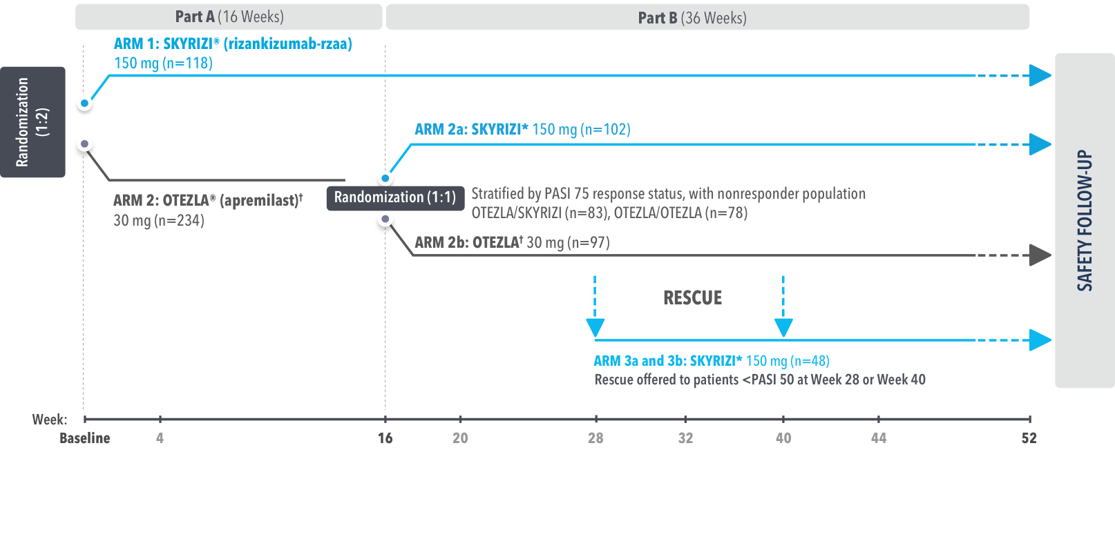 In the IMMpulse study design, Part A randomization was 1:2. In Arm 1, patients were given SKYRIZI®. In Arm 2, patients were given OTEZLA® for Part A (16 weeks). During Part B, randomization was 1:1 and patients in Arm 2a were given SKYRIZI® and in Arm 2b, patients were given OTEZLA®. In Arm 3a and 3b, rescue was offered to patients <PASI 50 at Week 28 or Week 40.